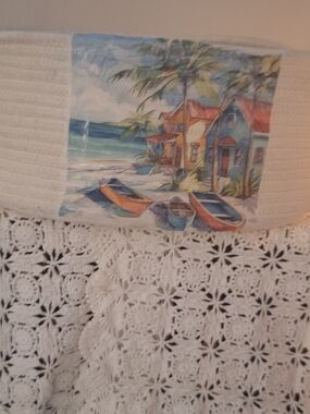 Woven Crochet-Style White Decorative Basket Liner with Coastal Print